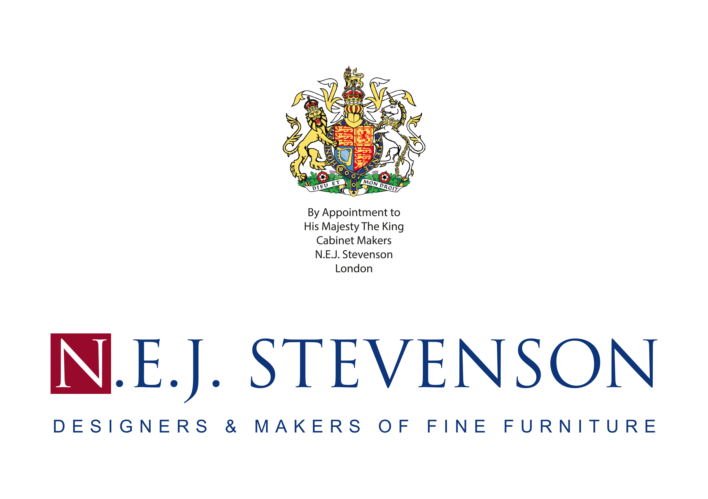 N.E.J. Stevenson logo. The logo features a royal warrant at the top with a lion and unicorn on either side of a shield, topped with a crown. Below the coat of arms, text reads: 'By Appointment to His Majesty The King, Cabinet Makers, N.E.J. Stevenson, London.'