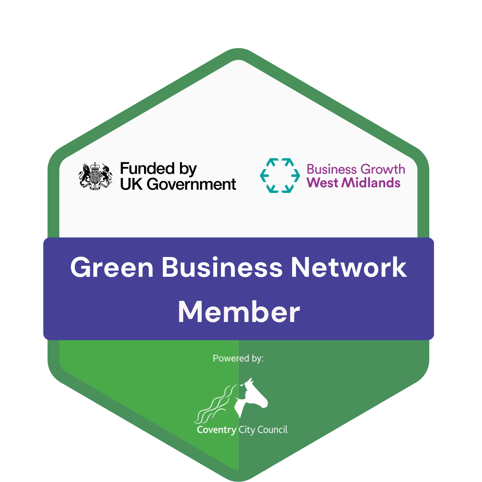 A graphic representing membership in the Green Business Network. It includes logos from the UK Government, Business Growth West Midlands, and Coventry City Council